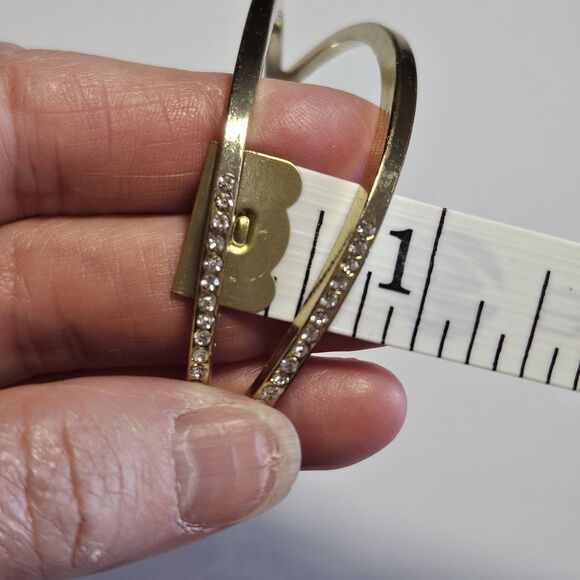 Gold Tone Criss Cross Clear Rhinestone Bangle Bracelet 7.25" - Picture 8 of 12